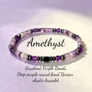 Gradient Amethyst Tube Bead & Black Hematite Stretch Bracelet, Natural Purple Crystal Beaded Bracelet, Unisex Healing Energy Wrist Jewelry